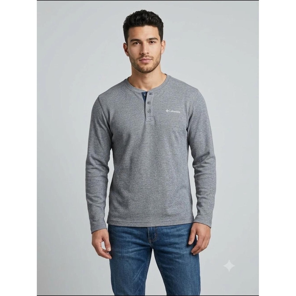 Columbia Henley Shirt Mens XXL Gray Long Sleeve Waffle Knit Thermal COTTON 3-But